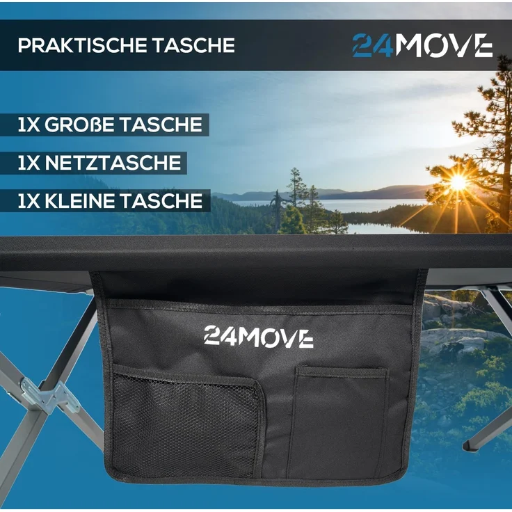 24Move Feldbett Feldbett, Gartenliege, Campingbett bis 180 kg, klappbar, zelten (schwarz, wasserabweisend, inkl. Seitentasche, 190 cm x 63 cm x 42 cm, inkl. Tragetasche für einfachen Transport) – Bild 6