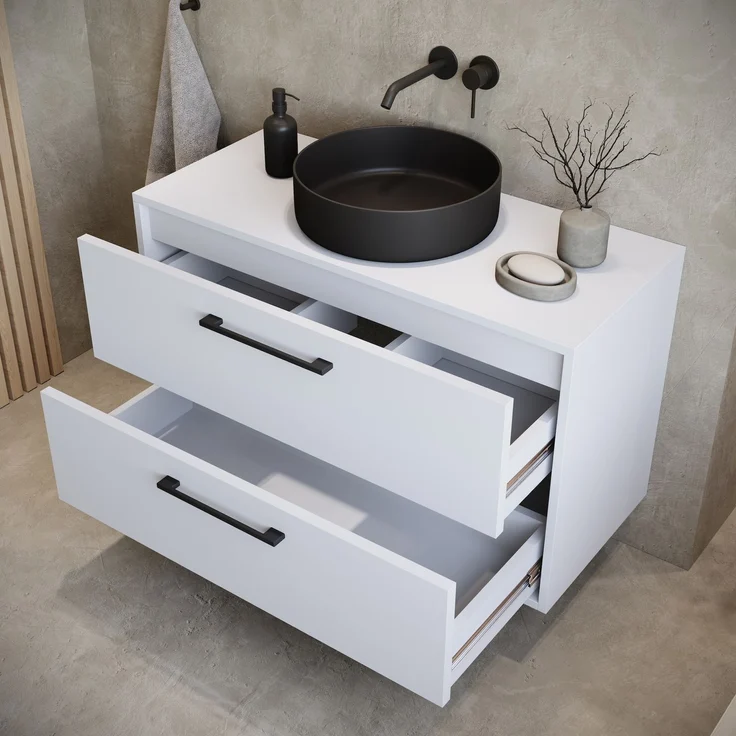 Badplaats Waschtischunterschrank Florence 80 x 46 cm – Matt Weiß – Hängender Unterschrank mit 2 Schubladen und schwarzen Griffen – Bild 3