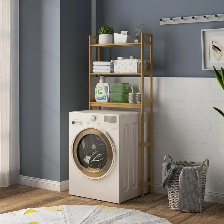 Kleankin Badregal Toilettenregal 3-stöckiges Badezimmerregal, Standregal mit Kippschutz, Aufbewahrungsregal 1-tlg, für Badezimmer, Bambus, Natur, 68 x 20 x 165 cm – Bild 2