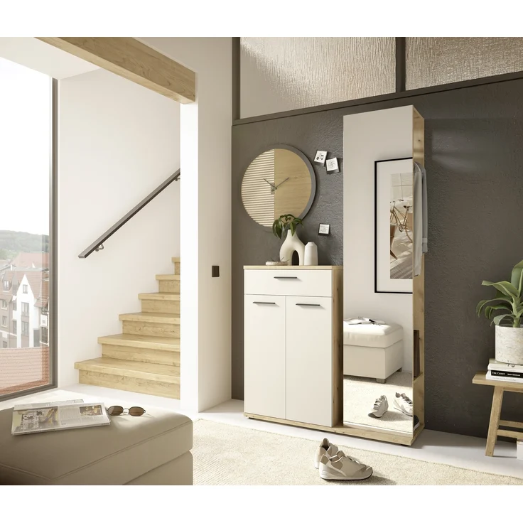 Kompaktgarderobe >Malaga< Türen, 1 Schub, Spiegel, Eiche Dekor / Cashmere - 105x188x38cm (BxHxT) – Bild 5