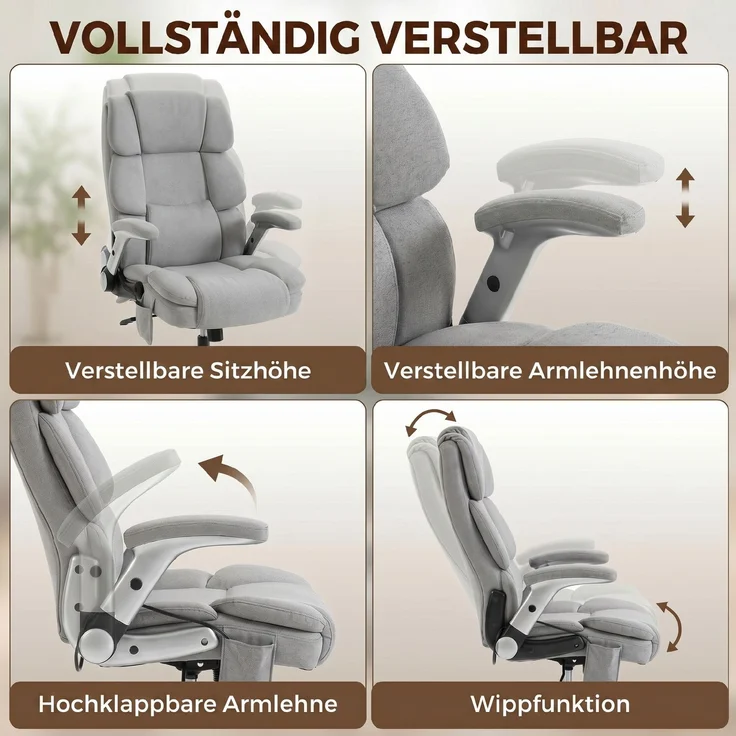 HOMCOM Bürostuhl, Schneeflanell (70% Baumwolle, 30% Polyester), Hellgrau, 82L x 70B x 122H cm – Bild 7