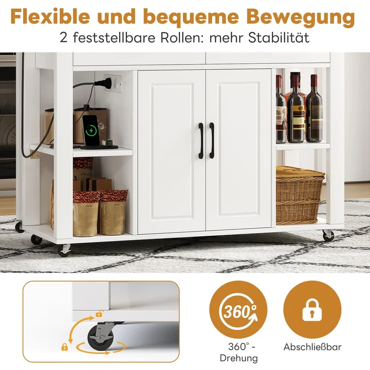 Merax 120 cm Kücheninsel mit Bartheke und Steckdosen, mit 2 Schubladen und 2 Schranktüren mit Türregalen, weiß – Bild 7