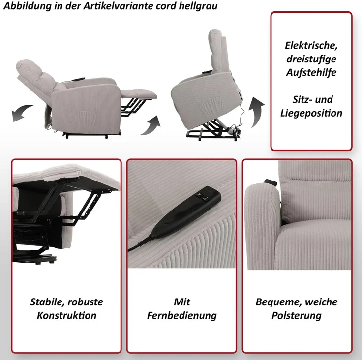 Fernsehsessel HWC-K62, Relaxsessel TV-Sessel Liege, Liegefunktion Aufstehhilfe, Metall Stofff/Textil Cord ~ hellgrau – Bild 2
