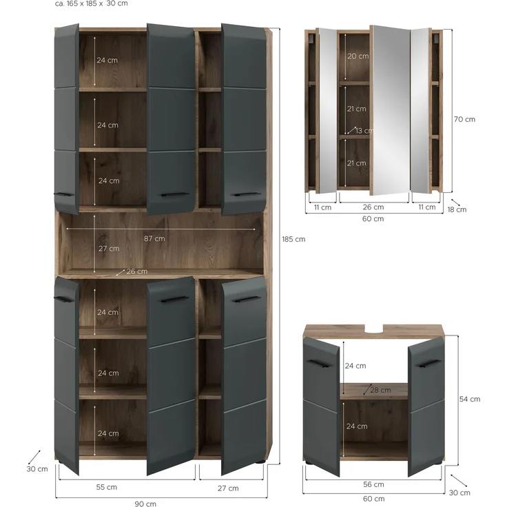 Badkombination (B/H/T: 165x185x46 cm) in schwarz matt und Nox Oak Nachbildung – Bild 4
