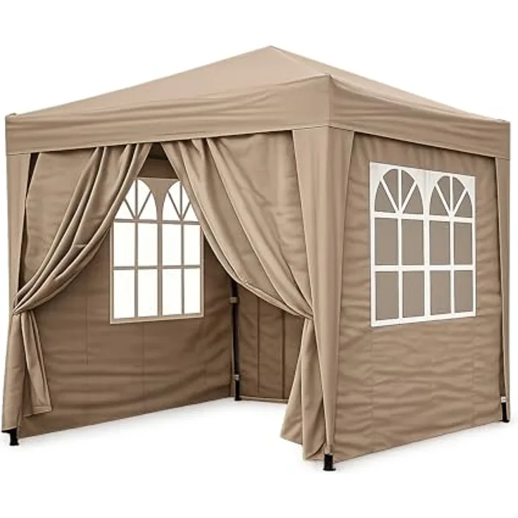 QUICK STAR Faltpavillon 2 x 2 m Braunbeige, mit 4 Easy-Klett Seitenwänden (2 Reißverschlüsse, 2 Fenster), Pop Up faltbar, inkl. Tragetasche