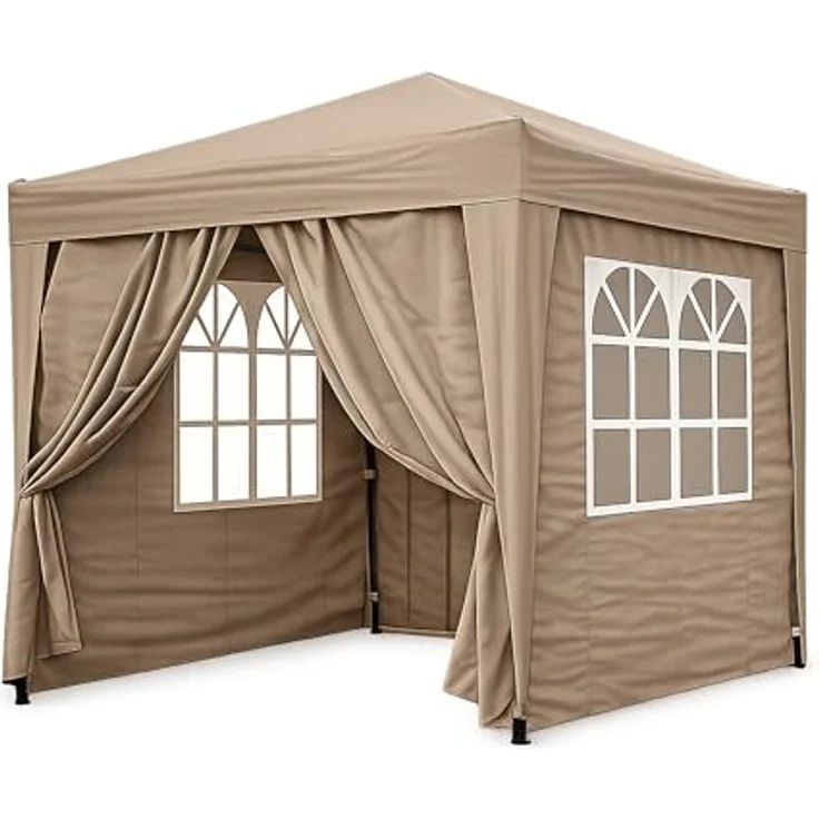 QUICK STAR Faltpavillon 2 x 2 m Braunbeige, mit 4 Easy-Klett Seitenwänden (2 Reißverschlüsse, 2 Fenster), Pop Up faltbar, inkl. Tragetasche – Bild 1