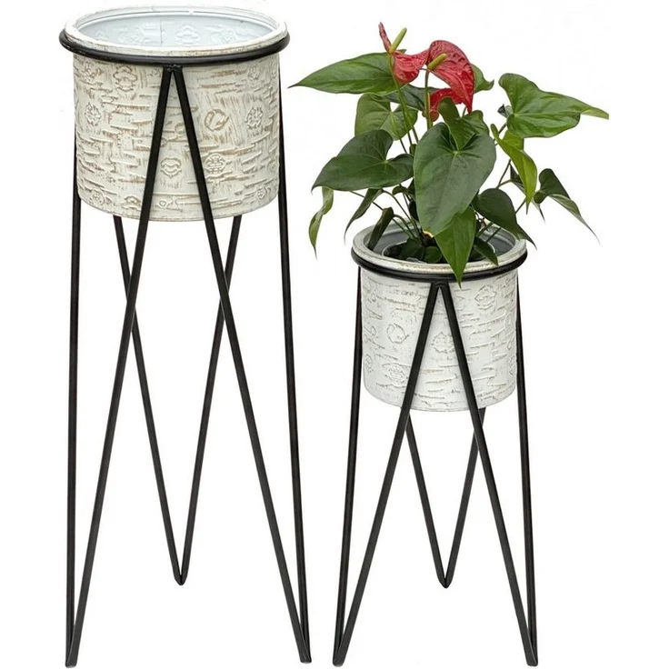 DanDiBo Blumenhocker mit Topf Metall Schwarz Weiß 2er Set Blumenständer 96043 Blumensäule Modern Pflanzenständer Pflanzenhocker – Bild 2