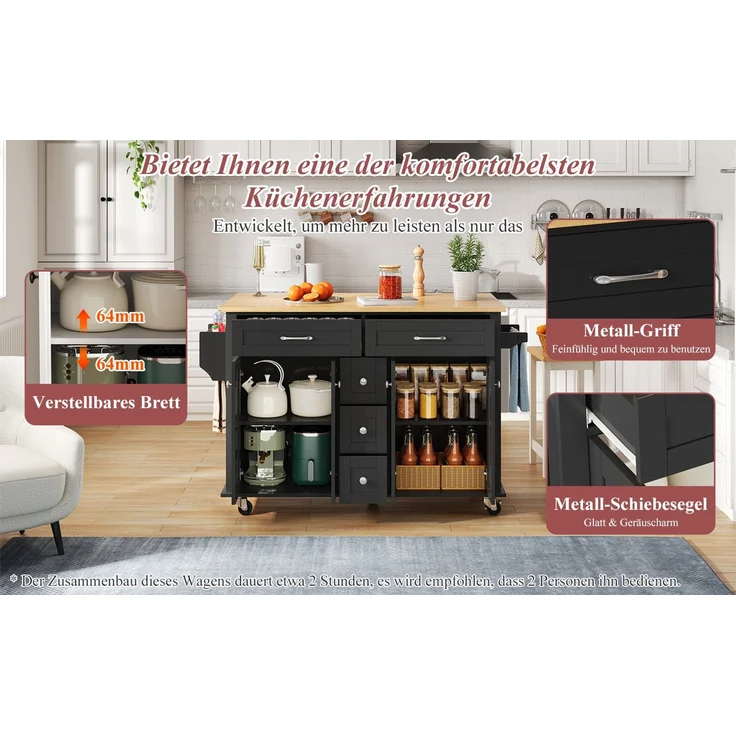 Küchenwagen mit ausklappbarer Arbeitsplatte & Stauraum, 140x40/65x89 cm, Schwarz/Natur – Bild 7