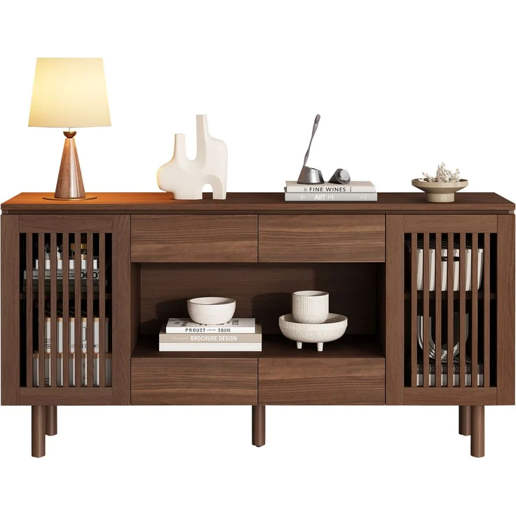 DESVIAE Sideboard Walnussholzfarbe aus MDF – 140x71x35 cm – 4 Schubladen, Lamellentüren – Bild 6
