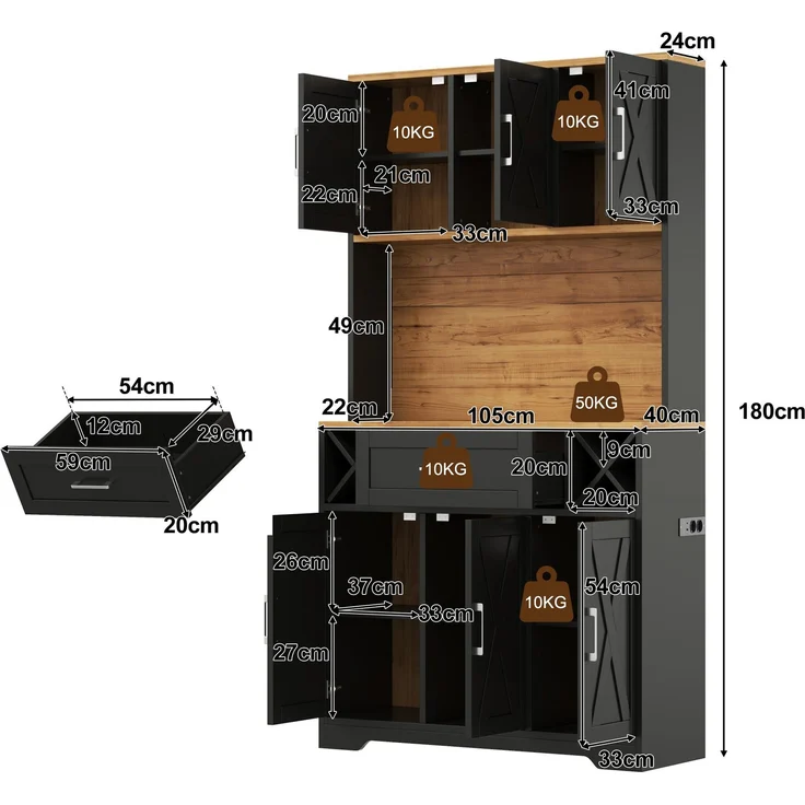 Küchenschrank, hoher Stauraumschrank mit LED-Beleuchtung, Vorratsschrank mit Weinregalen, Weinschrank & Vitrinenschrank für Wohnzimmer und Esszimmer, 180 × 105 × 40 cm--Natur1 + Schwarz--105x40x180cm--YOUDENOVA – Bild 5