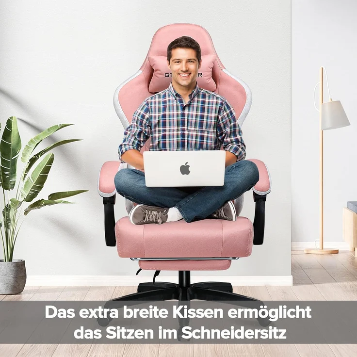 GTPLAYER Gaming Stuhl Ergonomischer Gaming Sessel Schreibtischstuhl mit Stoffoberfläche, Federsitzkissen, Verbindungsarmlehnen und Fußstütze ROSA – Bild 2