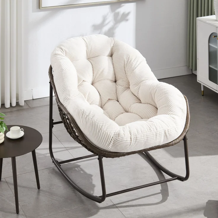 LVHOM Schaukelstuhl mit gepolstertem Kissen, Rattanstuhl mit Stahlrahmen, Lounge Sessel, Schaukelsessel, 1 St, für Balkon/Garten/Wohnzimmer/Schlafzimmer – Bild 3