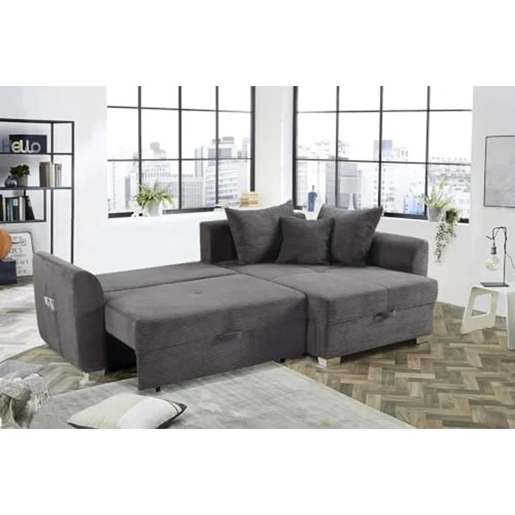 Ecksofa L-Form Couch Polsterecke Schlaffunktion Bettkasten Cord Dunkelgrau – Bild 5