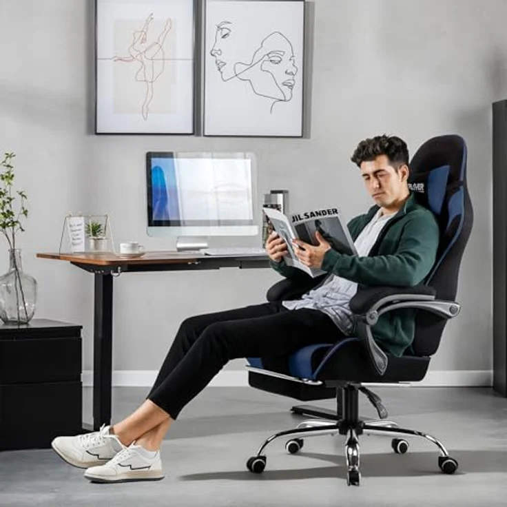 GTPLAYER Gaming Stuhl, Bürostuhl, Ergonomischer Pc Stuhl, Gaming Sessel mit Massagelendenwirbelstütze, Task Stühle mit Fußstütze und Kopfstütze, Blau Stoff – Bild 3