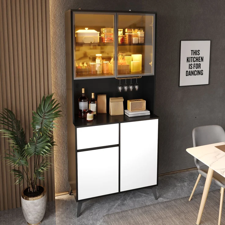 U-life Hochschrank, fürs Wohnzimmer, Vitrine, Anrichte, Sideboard, Esszimmerschrank, MDF, Schwarz – Bild 8