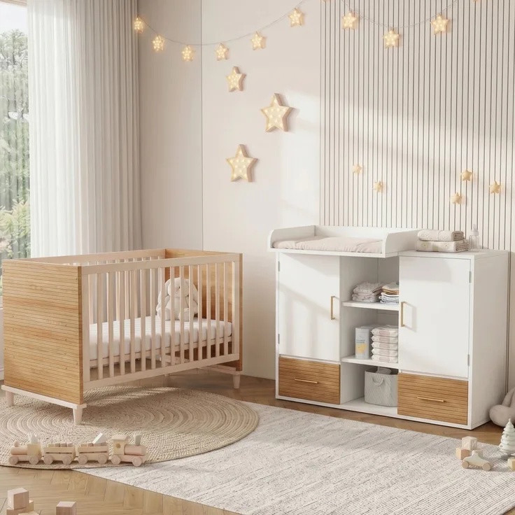 Merax Wickeltisch & Gitterbett Set, Babyzimmermöbel, Kinderzimmermöbel, Baby-Wickeltisch (114 x 53 x 92 cm), Wickelablage, abnehmbares Wickelgeländer, Babybett (70 x 140 x 87 cm), natur