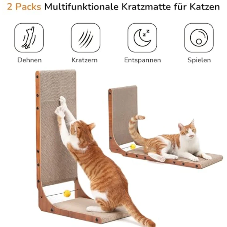 FUKUMARU Kratzbrett Katzen 2er Set, 68 cm hoch L-förmige Kratzpappe aus vertikalem Karton, widerstandsfähig Katzenkratzbrett mit Ballspielzeug, Farbe Nussbaum – Bild 3