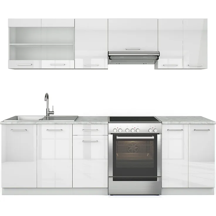 Küchenzeile Raul Weiß Hochglanz/Weiß 240 cm , AP Marmor Vicco