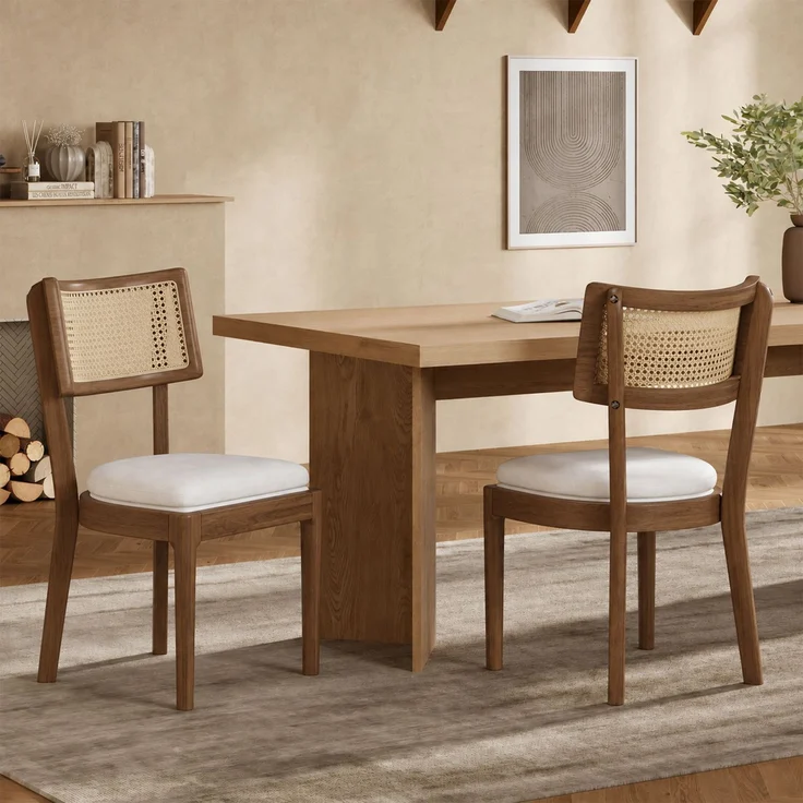 4 Esszimmerstühle aus Massivholz mit Rattan-Rückenlehnen, bequem und atmungsaktiv, geeignet für Esszimmer, Wohnzimmer, Cafés, moderner Stil, Leinen, Walnussholzfarbe und Beige – Bild 6