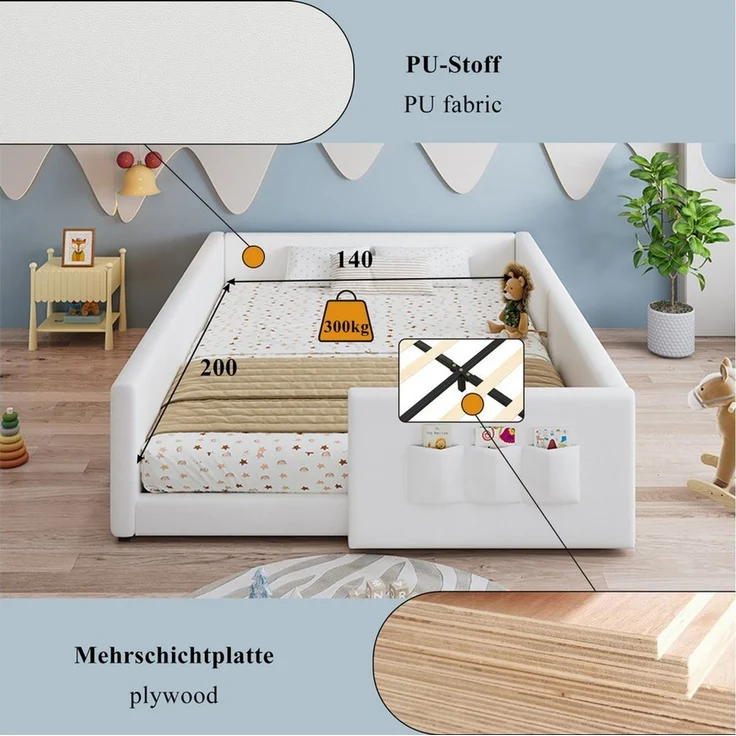 MODFU Polsterbett mit 3 praktischen Stautaschen, Kinderbett (modern-minimalistisches umrandetes Design, Jugendbett 140x200cm), Inklusive Matratze – Bild 3