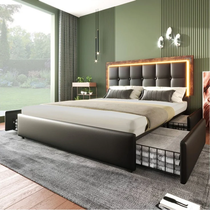 MODFU Polsterbett mit LED Beleuchtung und 4 Schubladen auf Rollen (147.5x207x92-102cm(BxLxH),Inklusive-Matratze(H25cm) , verstellbarem Kopfteil), mit Stauraum – Bild 3