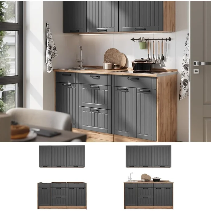Singleküche Fame-Line Dunkelgrau/Goldkraft Eiche 150 cm ohne Arbeitsplatte Vicco – Bild 6