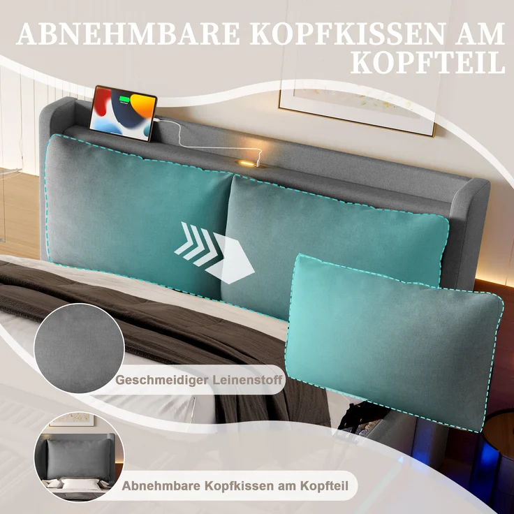 LVHOM Polsterbett 140x200cm mit LED&USB, Doppelbett mit Stauraum, Stauraumbett mit abnehmbaren Kissen, Bettgestell Massiv, Samtstoff, Grau – Bild 2