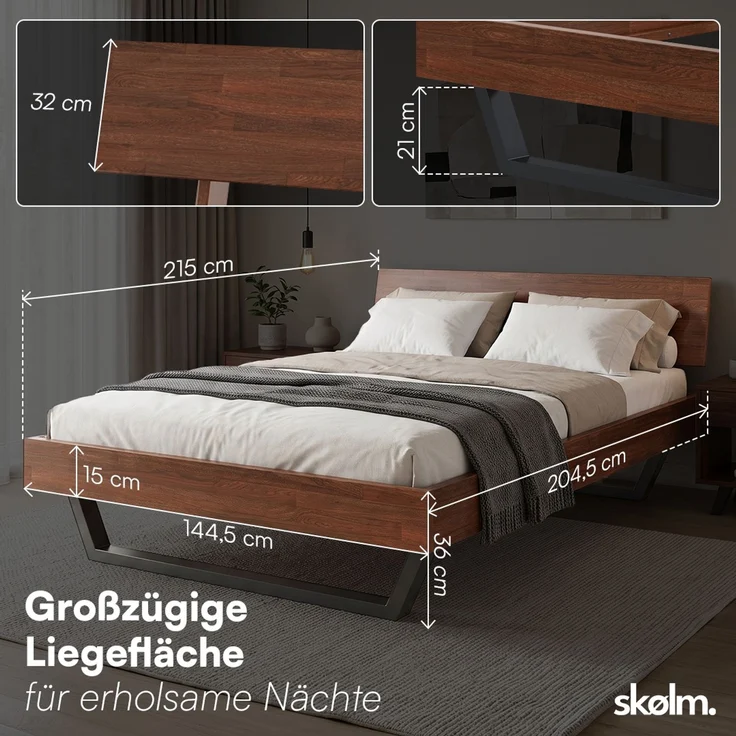 skølm 'Alver' Bett 140x200 cm, Bettgestell, natur geölt, Massivholzbett aus Eiche mit Metallkufen, Walnuss Optik, Bettkopf 1 Strebe – Bild 8
