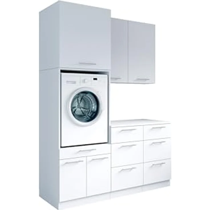 Laundreezy Waschraum Komplett-Set, Weiß - Modulares Schranksystem für Waschküche & Hauswirtschaftsraum - 168 x 238 x 68 cm (B/H/T) – Bild 1