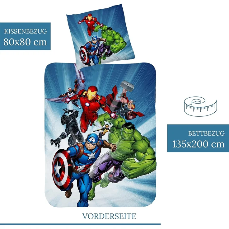 MTOnlinehandel Bettwäsche Avengers Marvel 135x200 + 80x80 cm, 100 % Baumwolle, Renforcé, 2 teilig, Jungen Kinderbettwäsche mit Captain America, Iron Man, Hulk & Thor – Bild 3