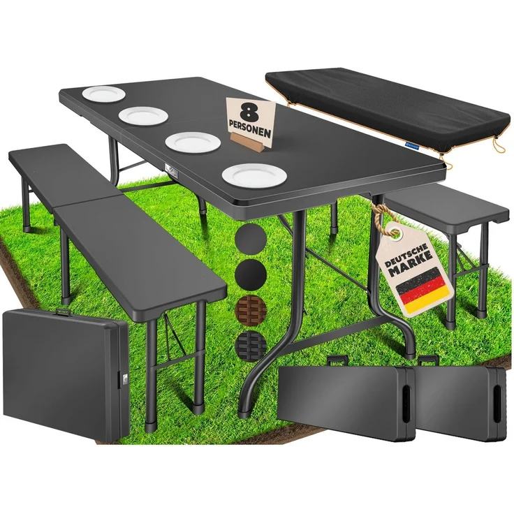 KESSER® Bierzeltgarnitur 3-teilig Set Tisch & 2x Bank | Buffettisch für drinnen & draußen Gartengarnitur klappbar 183x76x74cm Kunststoff Klapptisch Gartentisch inkl. Abdeckung & Tragegriffe Anthrazit, Glatt – Bild 1