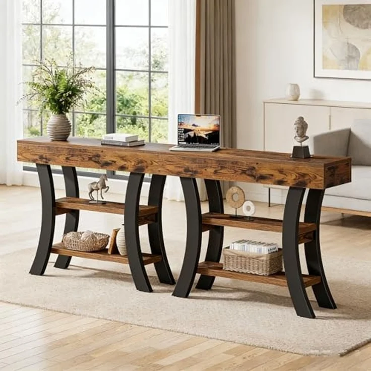 LITTLE TREE Konsolentisch, Eingangstisch mit 3 Ablagen, 105 x 30 x 80cm, Flurtisch Sofatisch hinter Couchtisch, Schmale Holzakzenttische mit Metallrahmen für Flur, Eingang, Foyer, Braun und Schwarz – Bild 5