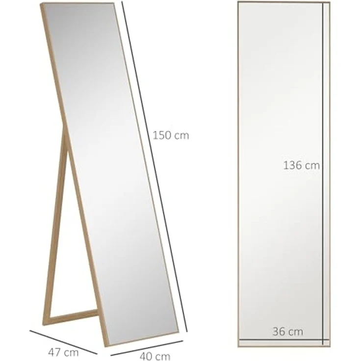 HOMCOM Standspiegel mit Ständer, freistehend, 40 x 150 cm, Natur (Set, 1-St, 1 Ankleidespiegel), gerahmter Ganzkörperspiegel – Bild 7