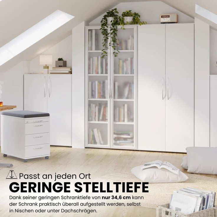 bümö Mehrzweckschrank 80cm breit, Aktenschrank o. Schuhschrank hoch, Schrank mit Regal, Küchenschrank in Weiß/Grau aus Holz, Vorratsschrank & Haushaltsschrank mit Metallgriffen, 4100-W-5 – Bild 7