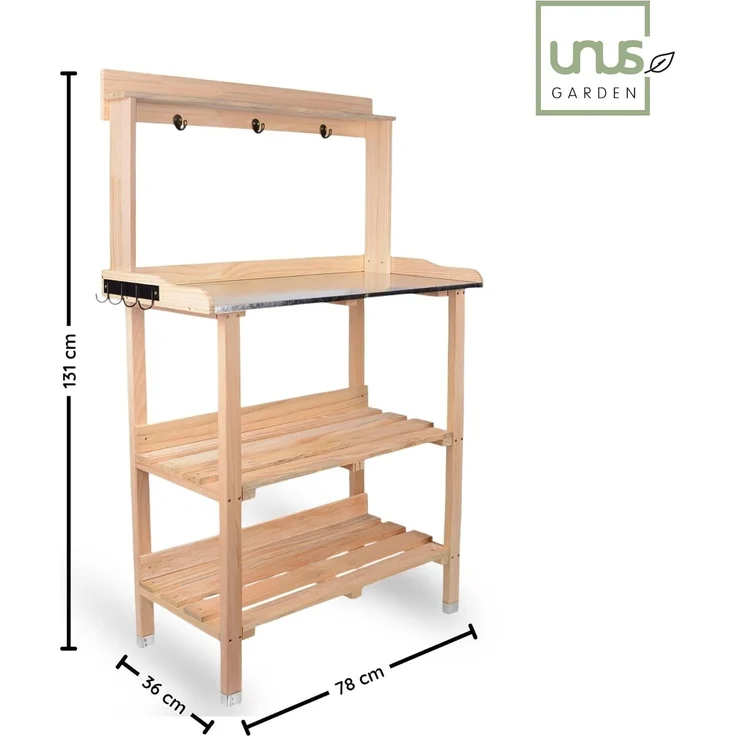 UNUS GARDEN Pflanztisch Mülleimer Bambus natur Papierkorb 3er Set (1-St, 78 x 36 x 131 cm (LxBxH), Pflanztisch aus Holz mit verzinkter Arbeitsplatte – Bild 6