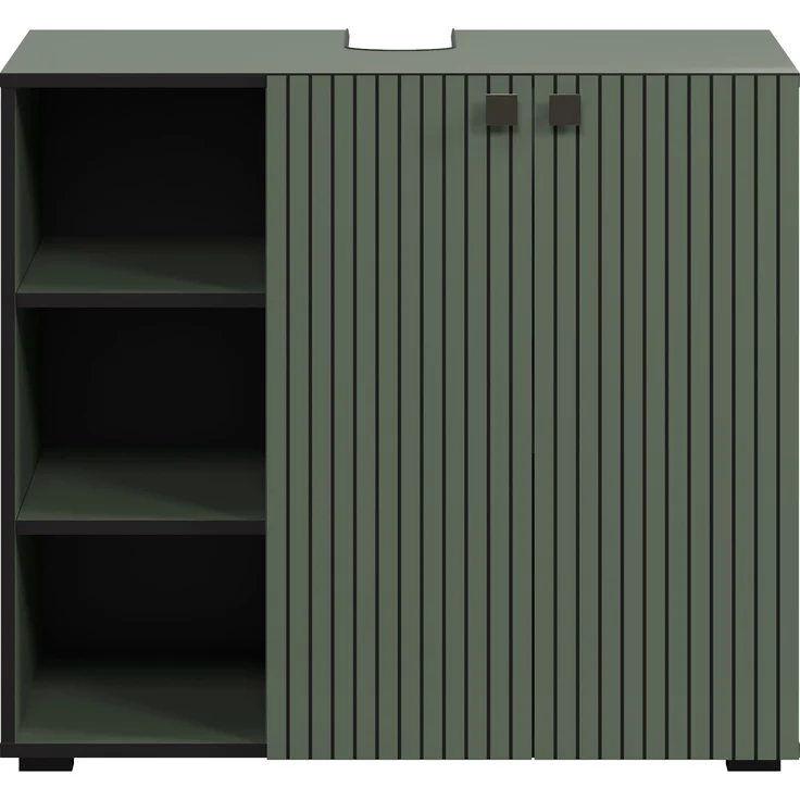 trendteam smart living - PureBliss - Waschbeckenunterschrank - Grün - Rillenoptik - 3 offene Fächer + 1 Einlegeboden - (BxHxT) 90 x 79 x 53 cm - edle Metallgriffe – Bild 2