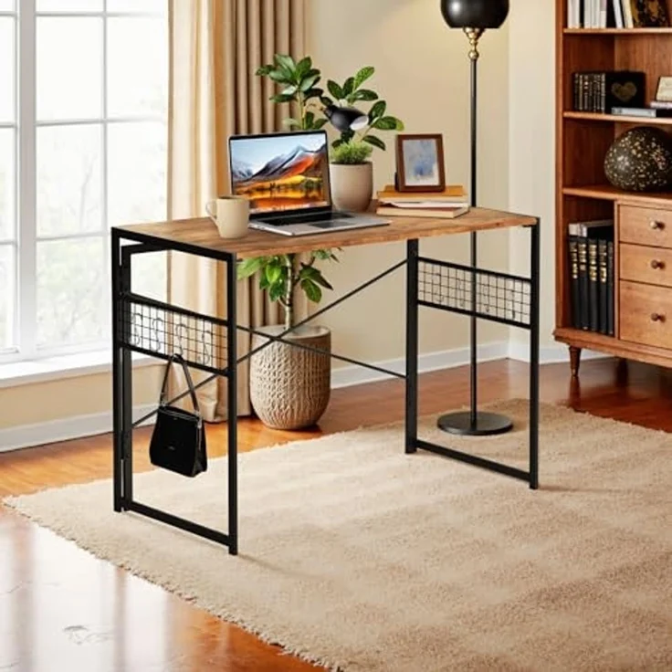 FurnitureR Multifunktionstisch Klappbar 100x50 cm - Universal Tisch mit Stahlrahmen, Haken & Gitter, 50kg, faltbar 5,5cm (Braun Holzoptik) – Bild 1