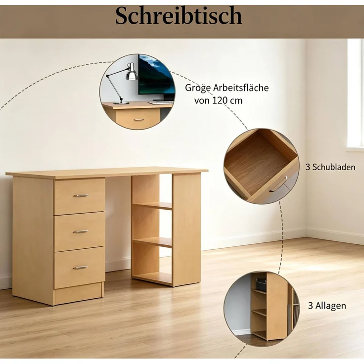 Schreibtisch aus MDF mit 3 Schubladen und 3 Regalen, 120x49x72 cm, Lichtholz – Bild 6