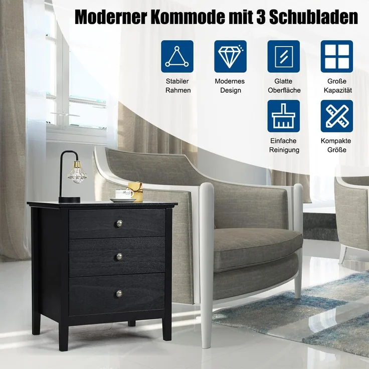 COSTWAY Nachttisch mit 3 Schubladen, Beistelltisch Nachtkommode, Nachtschrank für Wohnzimmer Schlafzimmer 60 x 45 x 66 cm (Schwarz) – Bild 2
