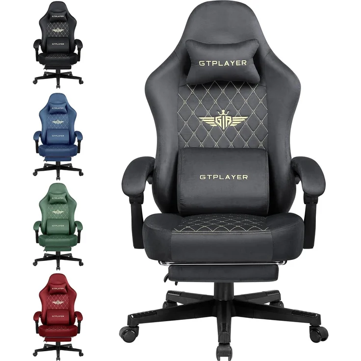 GTPLAYER Gaming Stuhl Stoff Gaming Chair Ergonomisch Bürostuh PC Stuhl, 150kg Belastbarkeit, Verstellbarer und Drehbarer Schreibtischstuh mit Federsitzkissen und Fußstütze, GRAU – Bild 1