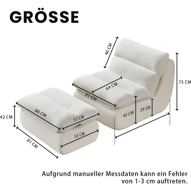 Beanbag Sofa aus Cord mit Fußhocker, 101x81x75 cm, Weiß – Bild 8