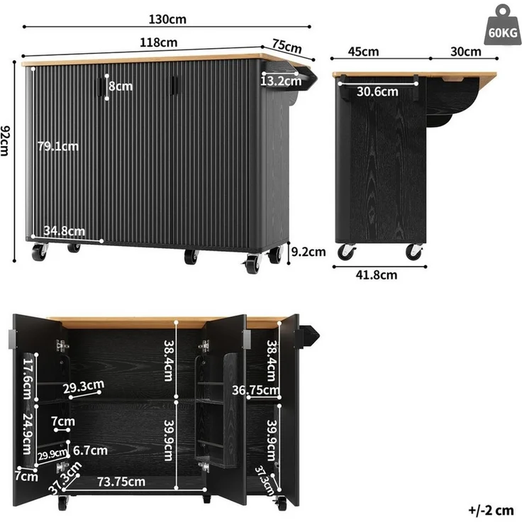 Celya Kücheninsel Kücheninsel, Speisewagen mit Holzmaserung, Ausziehbarer Küchenwagen, (3 Türen, schwarz), Buffet, 130x45(75)x92cm, Gewürzregal, Trennwände verstellbar – Bild 2