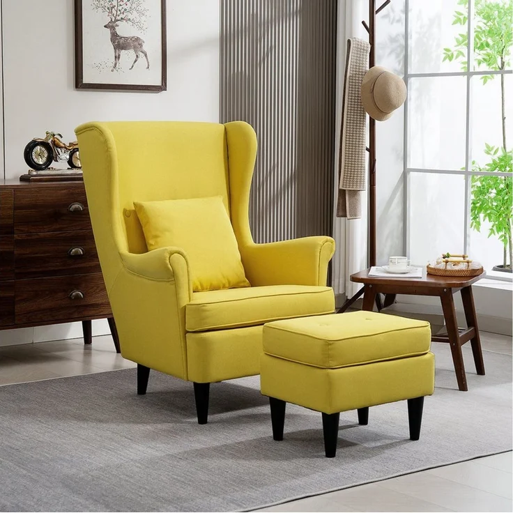 HOMCOM Relaxsessel Ohrensessel, Sessel mit Leinenoptik, Lendenkissen, Loungesessel (Set, 2-St, bestehend aus Sessel und Hocker), für Wohnzimmer Schlafzimmer Gelb – Bild 1
