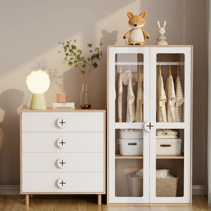 Kleiderschrank & Nachttisch Set 10-Regale Aufbewahrung Glas-Türen Weiß/Holz, Sideboard & Jugendzimmer – Bild 1