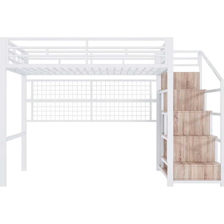 EINHOM Hochbett, 140 x 200 cm, Eisenrahmen, Kleiderschrank, Stauraumleiter, Gitter zum Aufhängen von Gegenständen, Freifläche unter dem Bett, 7-farbige LED-Leuchten, Weiß (Ohne Matratze) – Bild 7