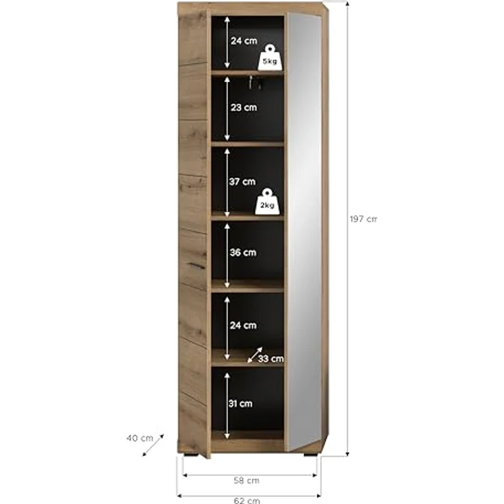 Garderobenschrank (B/H/T: 62x197x37 cm) in Evoke Oak Nachbildung – Bild 5