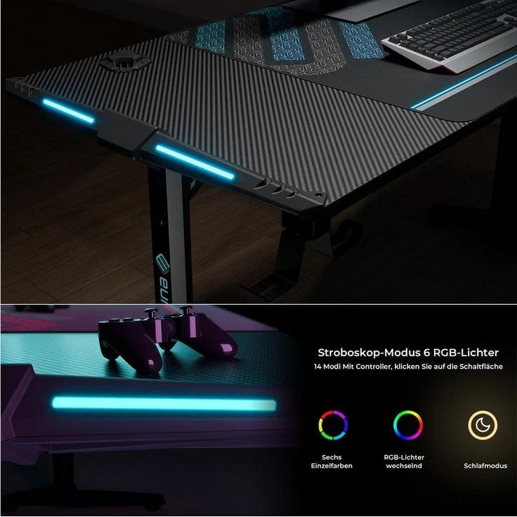 EE EUREKA ERGONOMIC Gamingtisch Computertisch mit LED PC Schreibtisch Ergonomischer Schwarz (1-St, Gaming Tisch mit Kabelmanagement, Getränkehalter und Kopfhörerhalter), Höhenverstellbarer Fuß (10mm) für Home Büro Office Zimmer – Bild 2