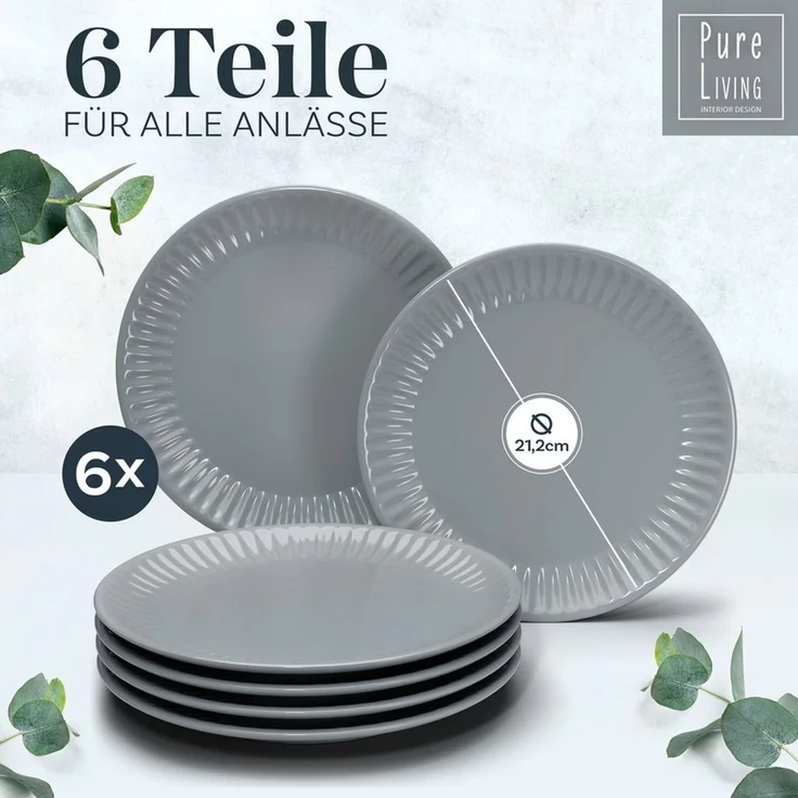 PURE LIVING INTERIOR DESIGN Geschirr-Set Hygge Dessertteller, Frühstückteller, 6er-Set, 20 cm, Graublau (6-tlg), 6 Personen, Steingut – Bild 2