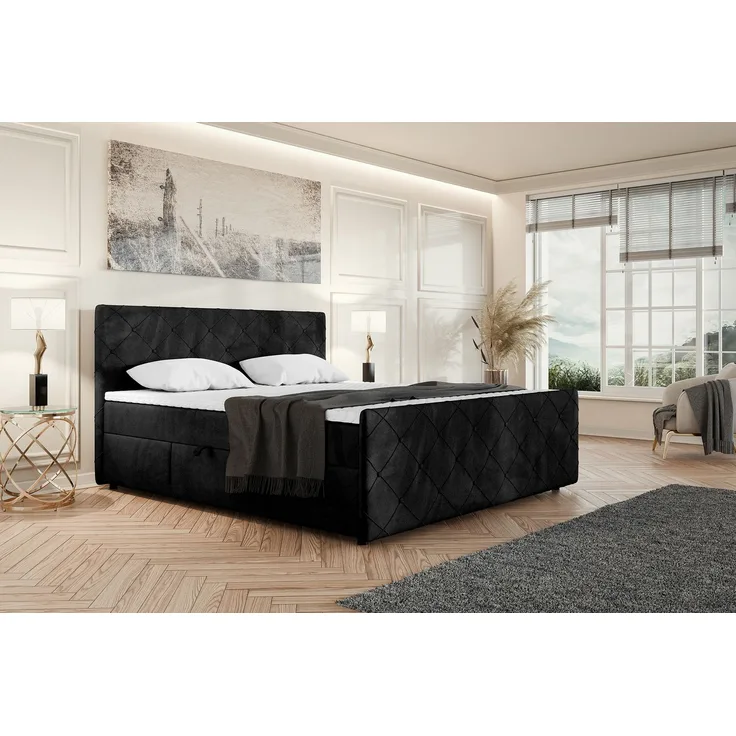 MEBLINI Boxspringbett HENRY 180x200cm - H3P/Schwarz Samt - mit Bettkasten - Polsterbett - Doppelbett mit Topper & Taschenfederkern-Matratze