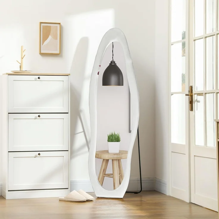 HOMCOM Standspiegel 50 x 160 cm mit samtartiger Rahmenbezug (Wandspiegel, 1-St, Ganzkörperspiegel), für Schlafzimmer, Wohnzimmer, Weiß – Bild 2